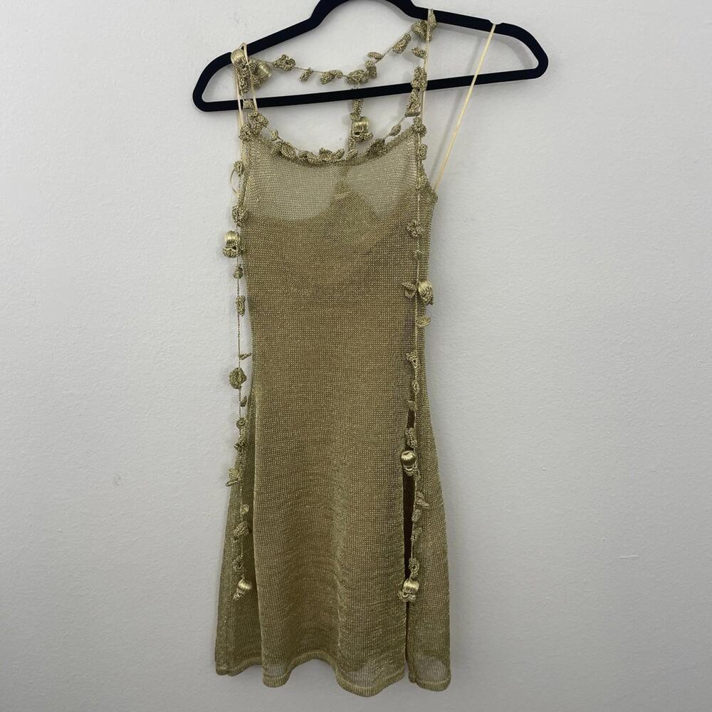 Cult Gaia Alonza Knit Dress Gold metallic crochet Mini Resort XS  $598msrp - Picture 8 of 15